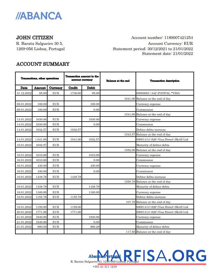 Printable Portugal Abanca bank statement excel real example